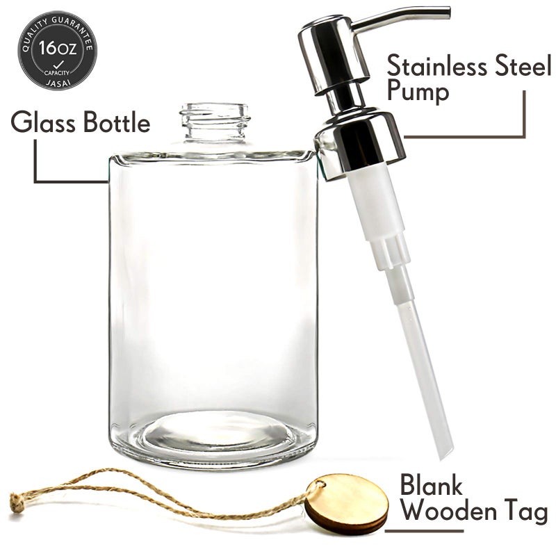 JASAI 16OZ Cylinder Glass Soap Dispenser with Rust Proof Stainless Steel Pump, Refillable Bathroom Soap Dispenser for Hand Soap, Dish Soap, Liquid Soaps and Kitchen (Clear) - Image 4